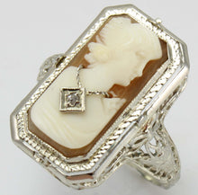 Load image into Gallery viewer, Antique 1920&#39;s Art Deco Habille Diamond Cameo Persian Turquoise 14k White Gold Cocktail Flip Ring