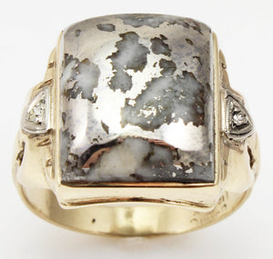 Antique Art Deco SIGNED Art Deco VERY RARE Silver Gold in Quartz & Diamond 10k Solid Gold Men's Ring