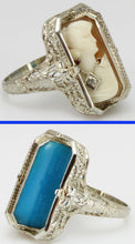 Load image into Gallery viewer, Antique 1920&#39;s Art Deco Habille Diamond Cameo Persian Turquoise 14k White Gold Cocktail Flip Ring