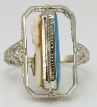 Load image into Gallery viewer, Antique 1920&#39;s Art Deco Habille Diamond Cameo Persian Turquoise 14k White Gold Cocktail Flip Ring