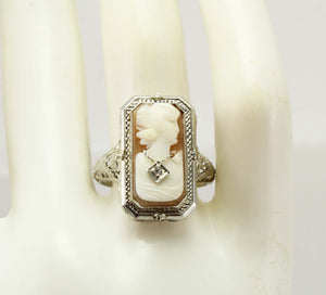 Antique 1920's Art Deco Habille Diamond Cameo Persian Turquoise 14k White Gold Cocktail Flip Ring