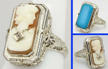 Load image into Gallery viewer, Antique 1920&#39;s Art Deco Habille Diamond Cameo Persian Turquoise 14k White Gold Cocktail Flip Ring