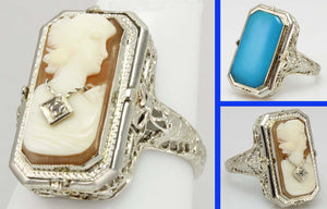 Antique 1920's Art Deco Habille Diamond Cameo Persian Turquoise 14k White Gold Cocktail Flip Ring