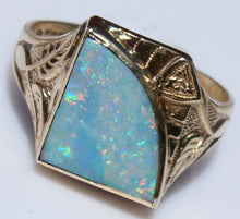 Load image into Gallery viewer, Antique SIGNED GOTHIC Kinsley &amp; Sons Art Deco Natural RAINBOW Opal 10k Solid Gold Men&#39;s Ring