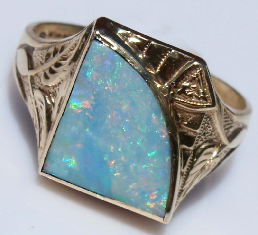 Antique SIGNED GOTHIC Kinsley & Sons Art Deco Natural RAINBOW Opal 10k Solid Gold Men's Ring