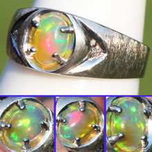 Load image into Gallery viewer, Vintage 1970s ORANGE/RED/GOLDEN &amp; GREEN Natural Solid Opal &amp; Diamond 10k Solid White Gold Men&#39;s Ring