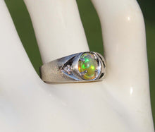 Load image into Gallery viewer, Vintage 1970s ORANGE/RED/GOLDEN &amp; GREEN Natural Solid Opal &amp; Diamond 10k Solid White Gold Men&#39;s Ring