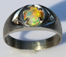 Load image into Gallery viewer, Vintage 1970s ORANGE/RED/GOLDEN &amp; GREEN Natural Solid Opal &amp; Diamond 10k Solid White Gold Men&#39;s Ring