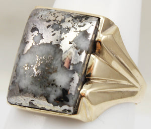 HEAVY Antique 1920's Art Deco RARE Natural Silver in Quartz 10k Solid Yellow Gold Men's Ring