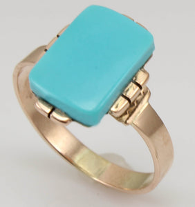 Antique Victorian RARE Natural Persian Turquoise Saw Cut 14k Solid Rose Gold Ladies Cocktail Ring