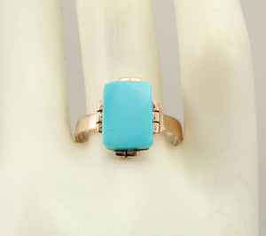 Antique Victorian RARE Natural Persian Turquoise Saw Cut 14k Solid Rose Gold Ladies Cocktail Ring