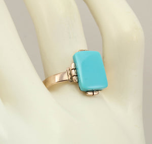 Antique Victorian RARE Natural Persian Turquoise Saw Cut 14k Solid Rose Gold Ladies Cocktail Ring