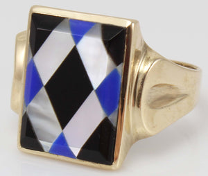 Antique 1920's Art Deco Natural Lapis Mother of Pearl & Onyx Intarsia Inlay 10k Solid Gold Mens Ring