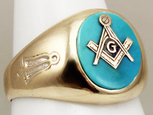 Vintage 1950's Masonic Symbol Set in Natural Robin's Egg Blue Turquoise 10k Solid Gold Men's Ring