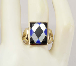 Antique 1920's Art Deco Natural Lapis Mother of Pearl & Onyx Intarsia Inlay 10k Solid Gold Mens Ring