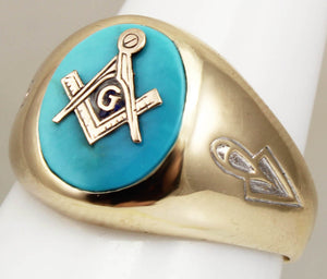 Vintage 1950's Masonic Symbol Set in Natural Robin's Egg Blue Turquoise 10k Solid Gold Men's Ring