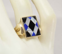 Load image into Gallery viewer, Antique 1920&#39;s Art Deco Natural Lapis Mother of Pearl &amp; Onyx Intarsia Inlay 10k Solid Gold Mens Ring