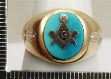 Load image into Gallery viewer, Vintage 1950&#39;s Masonic Symbol Set in Natural Robin&#39;s Egg Blue Turquoise 10k Solid Gold Men&#39;s Ring