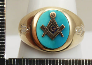 Vintage 1950's Masonic Symbol Set in Natural Robin's Egg Blue Turquoise 10k Solid Gold Men's Ring