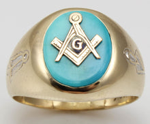 Load image into Gallery viewer, Vintage 1950&#39;s Masonic Symbol Set in Natural Robin&#39;s Egg Blue Turquoise 10k Solid Gold Men&#39;s Ring