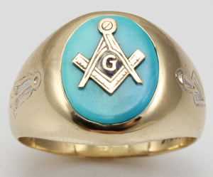 Vintage 1950's Masonic Symbol Set in Natural Robin's Egg Blue Turquoise 10k Solid Gold Men's Ring