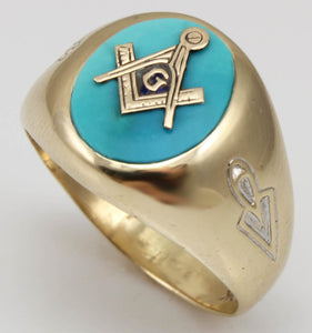 Vintage 1950's Masonic Symbol Set in Natural Robin's Egg Blue Turquoise 10k Solid Gold Men's Ring