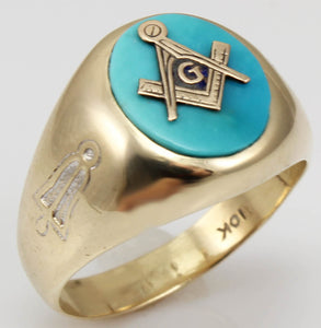 Vintage 1950's Masonic Symbol Set in Natural Robin's Egg Blue Turquoise 10k Solid Gold Men's Ring