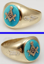 Load image into Gallery viewer, Vintage 1950&#39;s Masonic Symbol Set in Natural Robin&#39;s Egg Blue Turquoise 10k Solid Gold Men&#39;s Ring