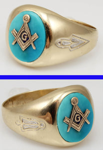 Vintage 1950's Masonic Symbol Set in Natural Robin's Egg Blue Turquoise 10k Solid Gold Men's Ring