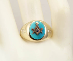 Vintage 1950's Masonic Symbol Set in Natural Robin's Egg Blue Turquoise 10k Solid Gold Men's Ring