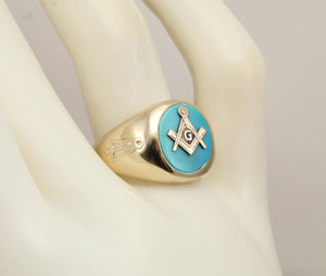 Vintage 1950's Masonic Symbol Set in Natural Robin's Egg Blue Turquoise 10k Solid Gold Men's Ring