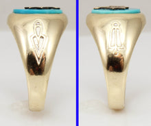 Load image into Gallery viewer, Vintage 1950&#39;s Masonic Symbol Set in Natural Robin&#39;s Egg Blue Turquoise 10k Solid Gold Men&#39;s Ring