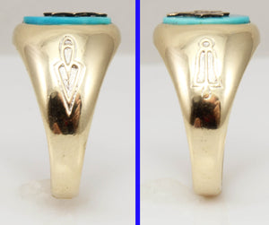 Vintage 1950's Masonic Symbol Set in Natural Robin's Egg Blue Turquoise 10k Solid Gold Men's Ring