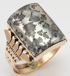 Antique c1890 RARE Natural Silver Ore in Quartz Engraved & Milgrained 14k Solid Rose Gold Men's Ring