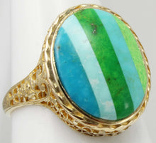 Load image into Gallery viewer, Antique 1920&#39;s Art Deco Turquoise RARE Striped Intarsia Inlay 10k Solid Gold Ladies Cocktail Ring