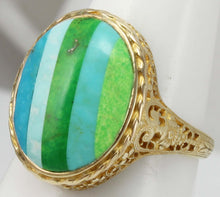 Load image into Gallery viewer, Antique 1920&#39;s Art Deco Turquoise RARE Striped Intarsia Inlay 10k Solid Gold Ladies Cocktail Ring