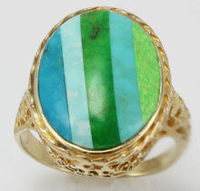 Load image into Gallery viewer, Antique 1920&#39;s Art Deco Turquoise RARE Striped Intarsia Inlay 10k Solid Gold Ladies Cocktail Ring