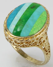 Load image into Gallery viewer, Antique 1920&#39;s Art Deco Turquoise RARE Striped Intarsia Inlay 10k Solid Gold Ladies Cocktail Ring