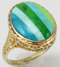 Load image into Gallery viewer, Antique 1920&#39;s Art Deco Turquoise RARE Striped Intarsia Inlay 10k Solid Gold Ladies Cocktail Ring