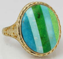 Load image into Gallery viewer, Antique 1920&#39;s Art Deco Turquoise RARE Striped Intarsia Inlay 10k Solid Gold Ladies Cocktail Ring