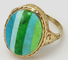 Load image into Gallery viewer, Antique 1920&#39;s Art Deco Turquoise RARE Striped Intarsia Inlay 10k Solid Gold Ladies Cocktail Ring