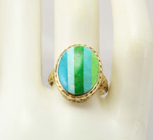 Load image into Gallery viewer, Antique 1920&#39;s Art Deco Turquoise RARE Striped Intarsia Inlay 10k Solid Gold Ladies Cocktail Ring