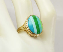 Load image into Gallery viewer, Antique 1920&#39;s Art Deco Turquoise RARE Striped Intarsia Inlay 10k Solid Gold Ladies Cocktail Ring