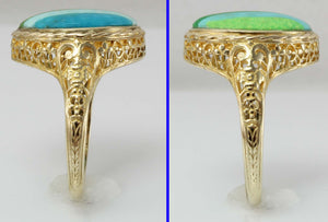 Antique 1920's Art Deco Turquoise RARE Striped Intarsia Inlay 10k Solid Gold Ladies Cocktail Ring