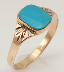 Antique Victorian RARE Natural Persian Turquoise Milgrained 14k Solid Rose Gold Ladies Cocktail Ring