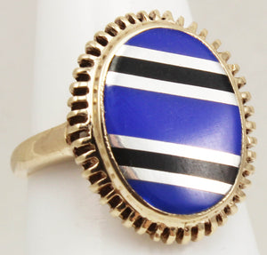 Antique 1920's Art Deco Signed RARE Lapis & Onyx Intarsia Inlay 10k Solid Gold Ladies Cocktail Ring