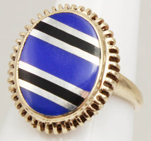 Load image into Gallery viewer, Antique 1920&#39;s Art Deco Signed RARE Lapis &amp; Onyx Intarsia Inlay 10k Solid Gold Ladies Cocktail Ring