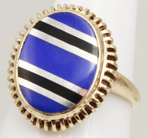 Antique 1920's Art Deco Signed RARE Lapis & Onyx Intarsia Inlay 10k Solid Gold Ladies Cocktail Ring