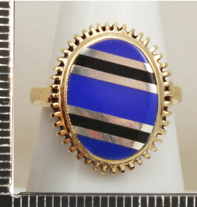 Antique 1920's Art Deco Signed RARE Lapis & Onyx Intarsia Inlay 10k Solid Gold Ladies Cocktail Ring