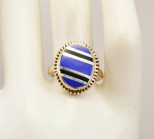 Antique 1920's Art Deco Signed RARE Lapis & Onyx Intarsia Inlay 10k Solid Gold Ladies Cocktail Ring